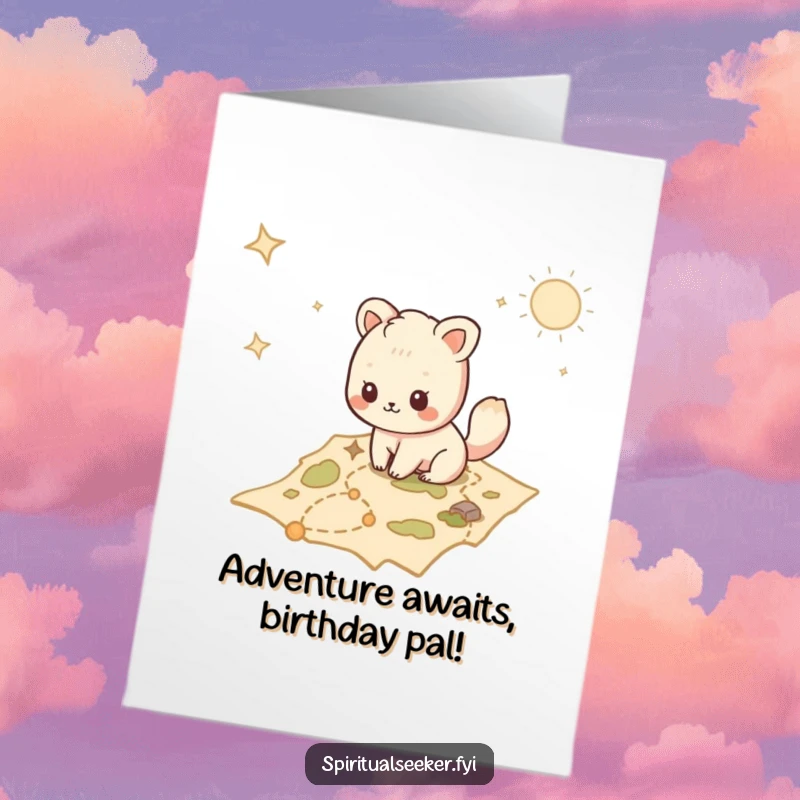 Funny Free Printable Birthday Card featuring a Kawaii animal intently tracing a path on an ancient, mystical treasure map.