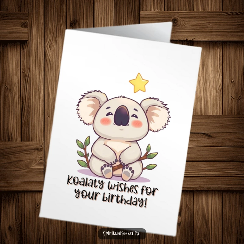 Free Printable Birthday Card: A contented koala looks up at a shining star, sending gentle birthday wishes and happy thoughts.