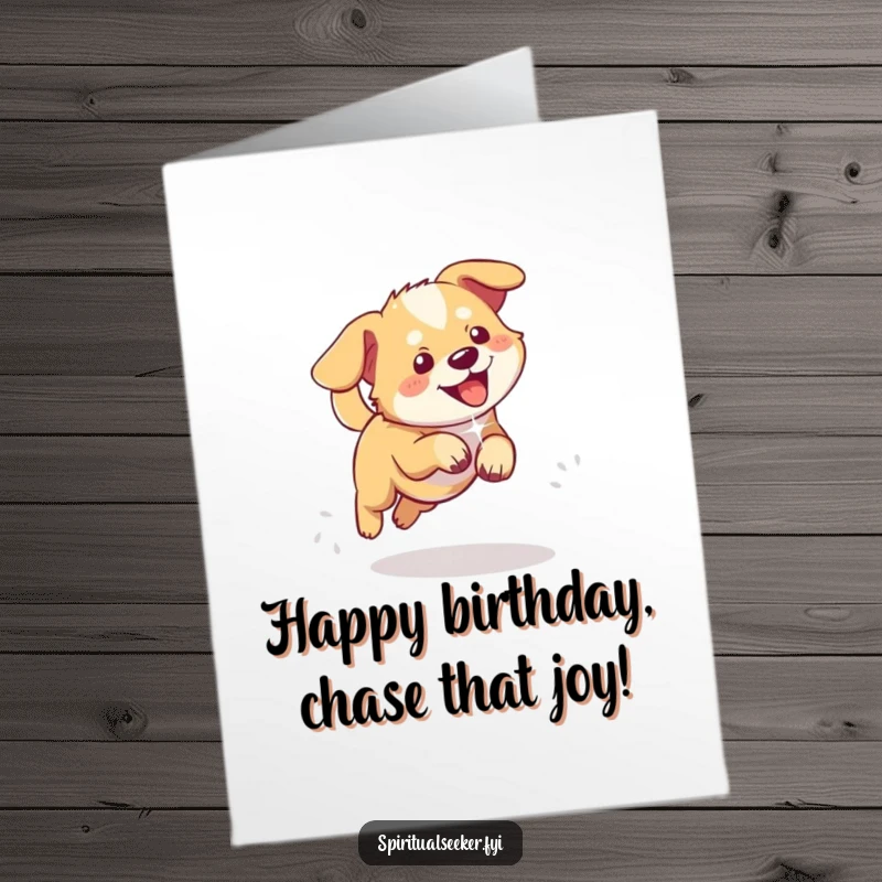 Funny free printable birthday card featuring a gleeful dog enthusiastically chasing a shimmering, ethereal light with pure joy.