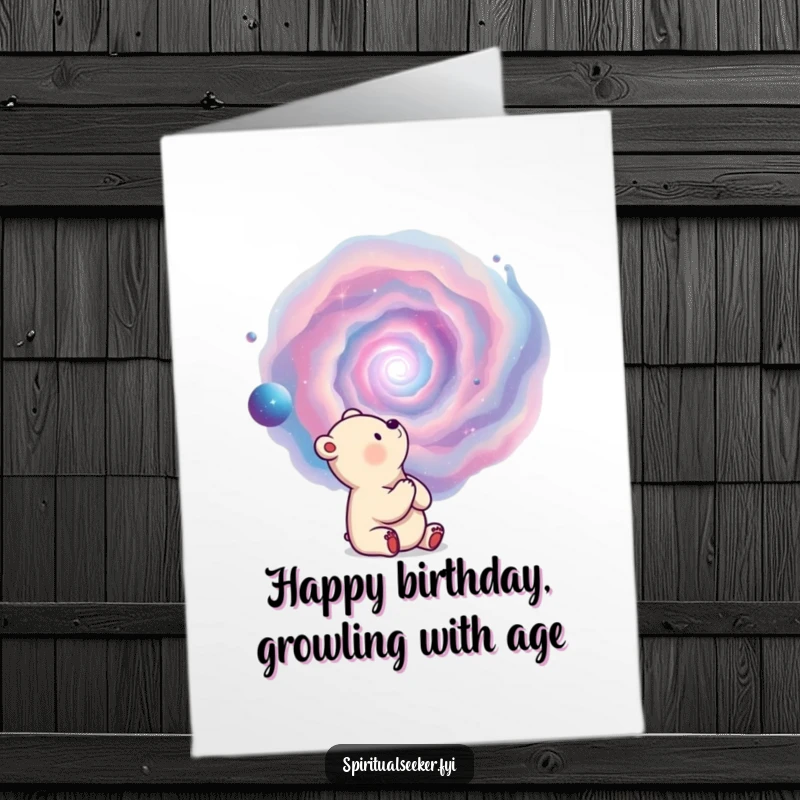 Funny free printable birthday card showing a thoughtful bear gazing up at a vast, swirling nebula in the night sky.