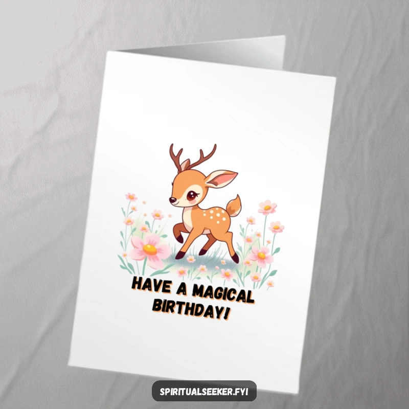 Funny Free Printable Birthday Card: Playful deer prancing joyfully through a field of glowing flowers, celebrating a magical birthday.