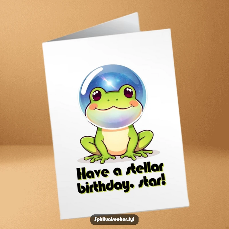 Funny free printable birthday card with a happy frog blowing a bubble showing a miniature galaxy inside.