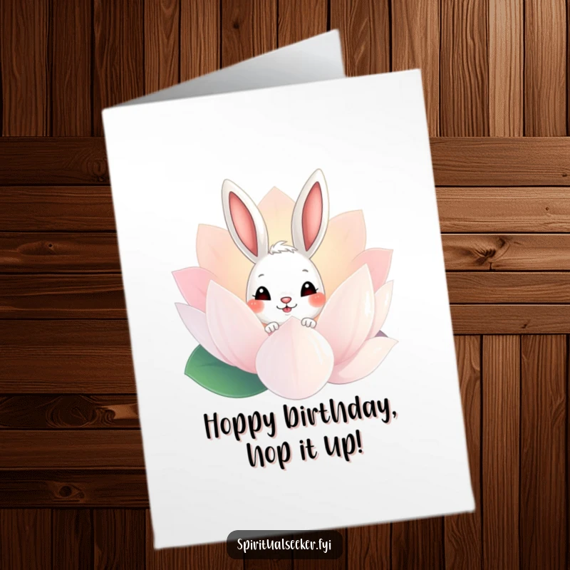 Funny Free Printable Bunny Birthday Card: A curious bunny peeks playfully from behind a large, shimmering lotus flower, offering a sweet surprise.