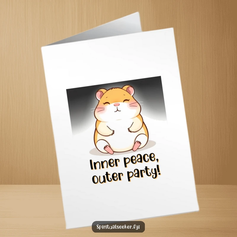 Funny Free Printable Birthday Card: Meditating hamster radiating calm light, wishing a happy birthday with a smile.