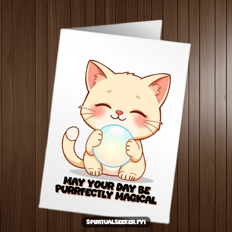 Funny Free Printable Birthday Card: Smiling cat gently patting a glowing ethereal orb, ready to deliver birthday wishes with humor.