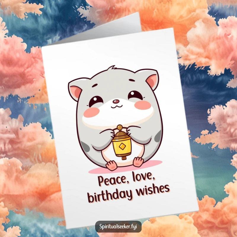 Funny Free Printable Birthday Card featuring a calm Kawaii animal gracefully balancing a tiny, delicate chime.