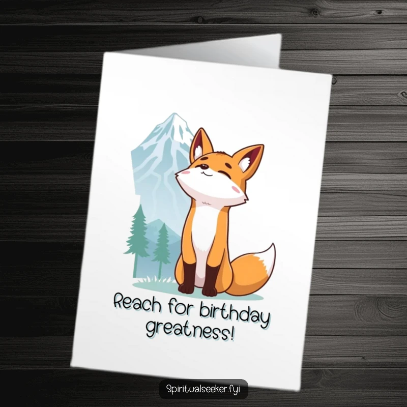 Funny Free Printable Fox Birthday Card: A determined fox stretches upwards towards a distant mountain peak, celebrating goals with humor.