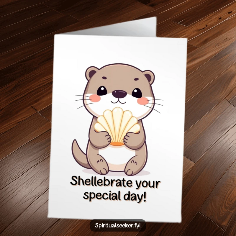 Funny Free Printable Birthday Card: Playful otter happily holding a radiant seashell, wishing a bubbly birthday.