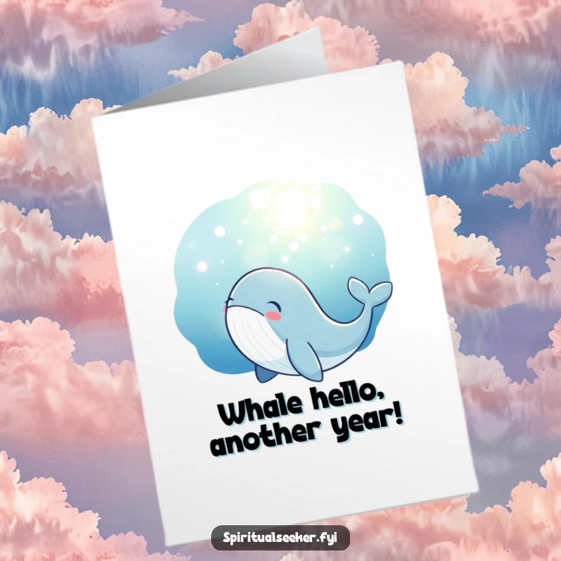 Funny Free Printable Whale Birthday Card: A thoughtful whale gazes at a magical underwater glow, perfect for a unique greeting.