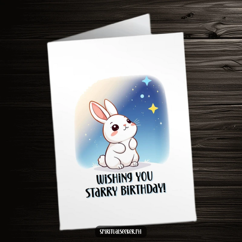 Funny Free Printable Birthday Card: A kawaii rabbit gazes with wonder at a vast, starry sky, dreaming of birthday wishes.