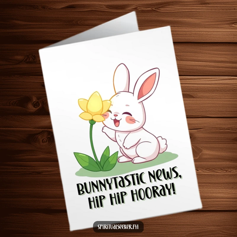Funny Free Printable Congratulations Card: Joyful rabbit sniffing a glowing flower, celebrating a delightful success.