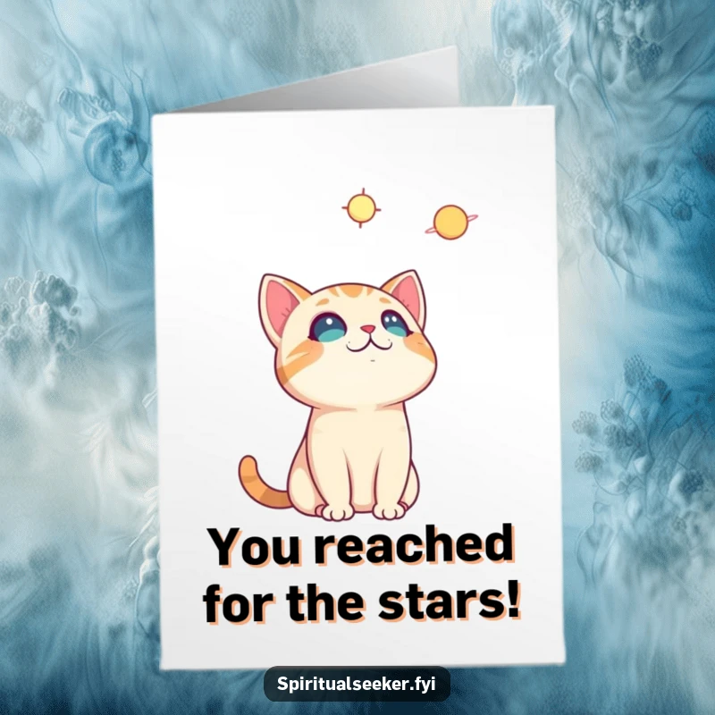 Funny Free Printable Cat Congratulations Card: A curious cat looking up at the stars, celebrating a great achievement.