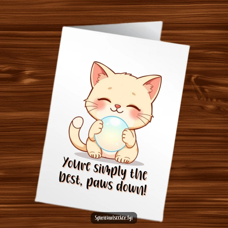 Free Printable Congratulations Card: Amused cat gently pats a shimmering ethereal orb, celebrating good news with a smile.