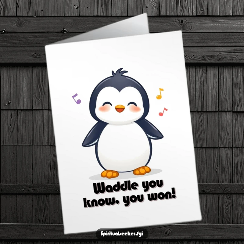 Funny Free Printable Congratulations Card: A contented penguin with headphones, enjoying the sounds of success and celebration.