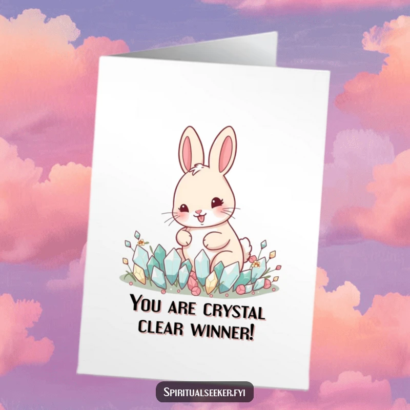 Funny free printable congratulations card showing a cheerful rabbit cultivating a garden of glittering, tiny crystals, symbolizing prosperity.