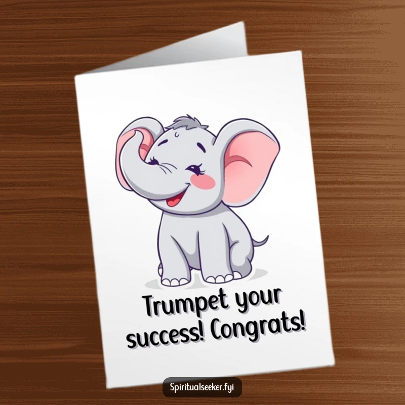 Funny Free Printable Congratulations Card showing a beaming elephant trumpeting loudly towards the heavens, marking a grand achievement.