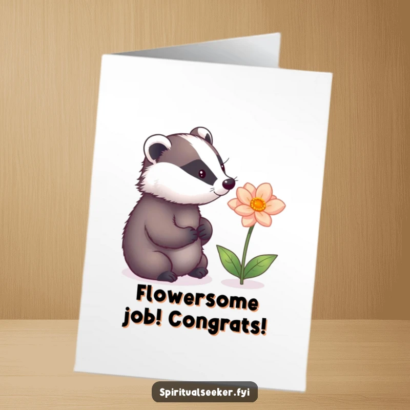Funny Free Printable Congratulations Card showing a pensive badger admiring a radiant magic flower, perfect for celebrating achievements.
