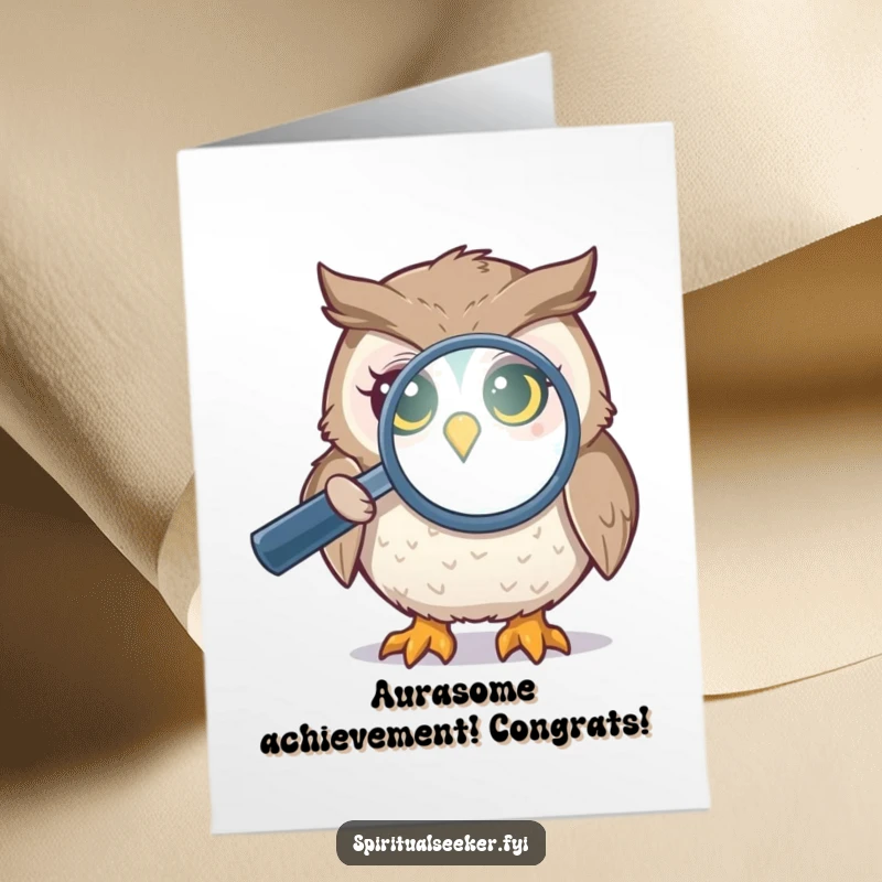 Funny free printable congratulations card with a curious owl closely inspecting a glowing aura.
