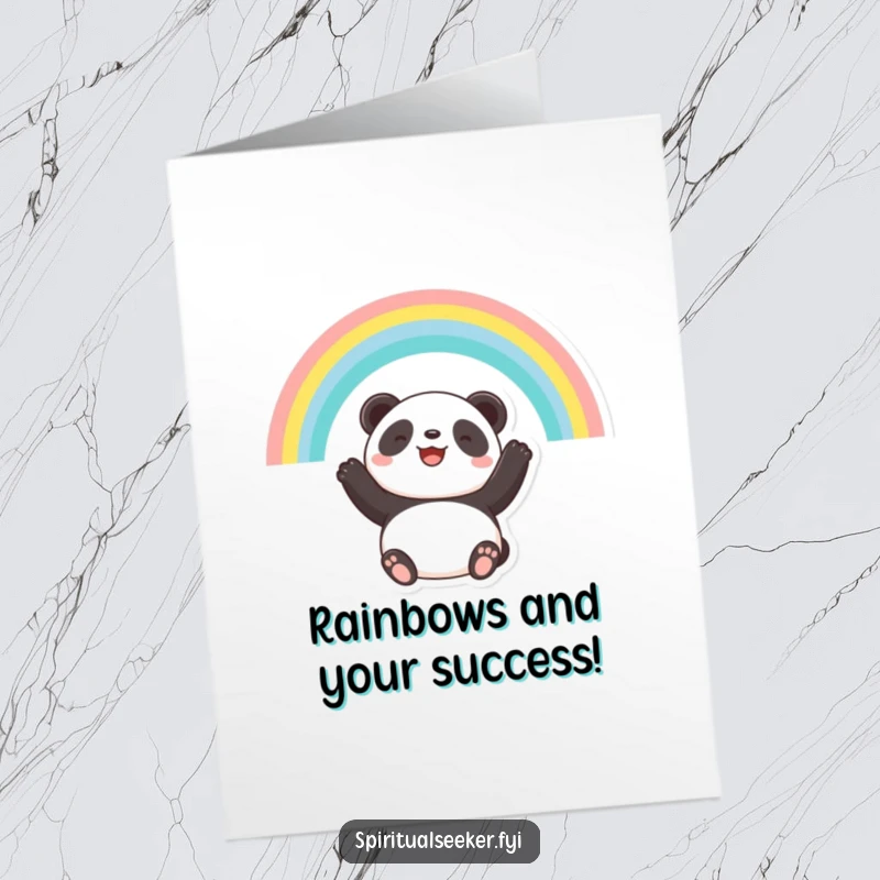 Funny Free Printable Congratulations Card: Hopeful panda smiles at a colorful rainbow, symbolizing new beginnings and good fortune.