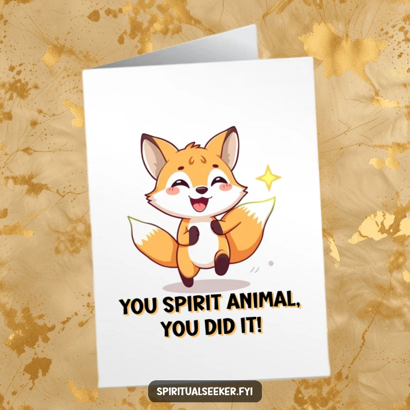 Free printable congratulations card: a happy fox chases a shining spiritual symbol, perfect for celebratory DIY gifts.