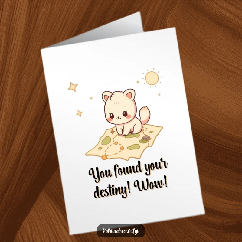 Funny Free Printable Congratulations Card showing a determined Kawaii animal charting a course on a mystical, adventure-filled map.