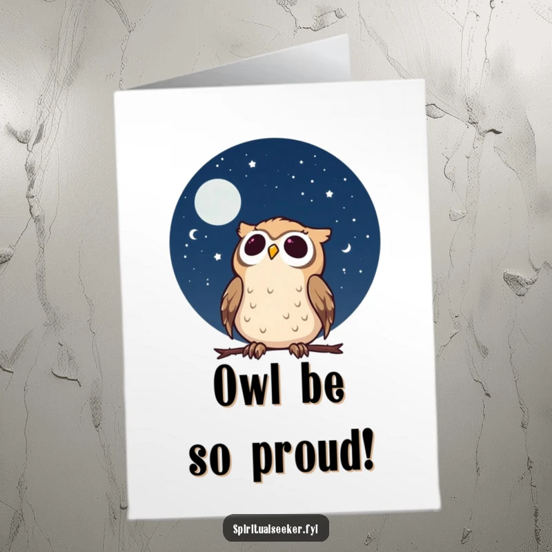 Funny Free Printable Congratulations Card: An owl looks at the starry night sky with wonder, celebrating achievement with celestial humor.