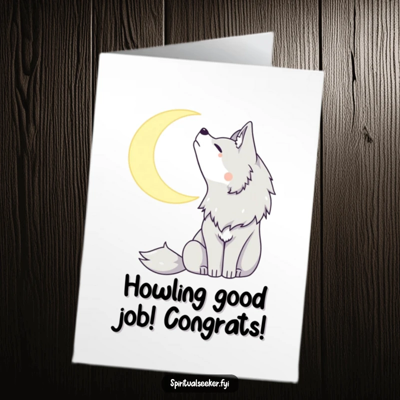 Funny Free Printable Congratulations Card depicting a solitary wolf serenely howling at a majestic crescent moon, celebrating success.