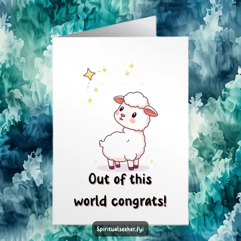 Free Printable Congratulations Card: A serene kawaii sheep marvels at a vast, star-filled constellation. A truly stellar greeting.