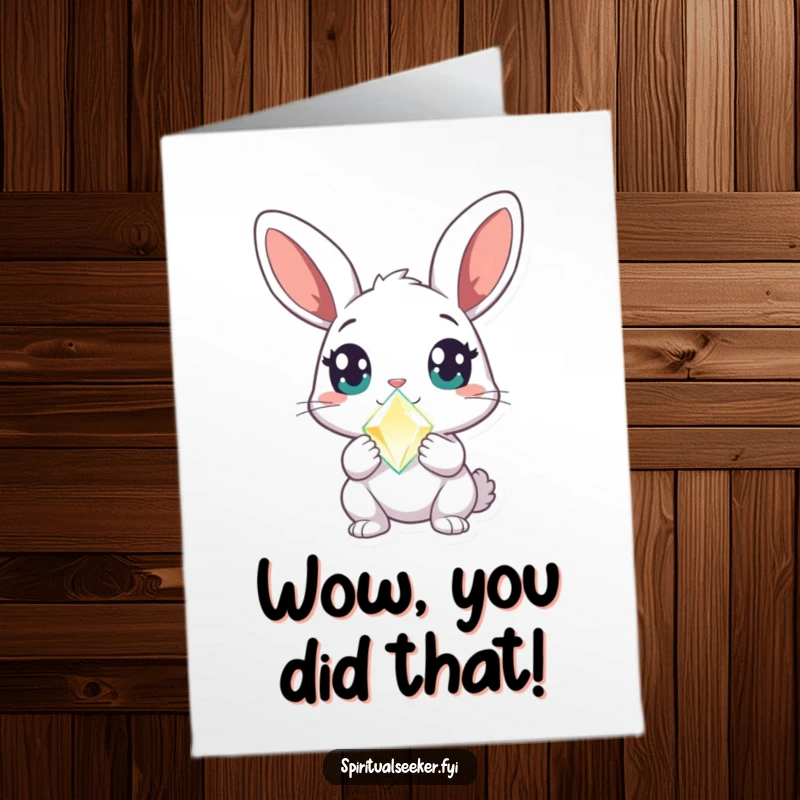 Funny Free Printable Congratulations Card: A curious rabbit holds a glowing crystal with wide eyes, signifying wondrous achievement and humor.