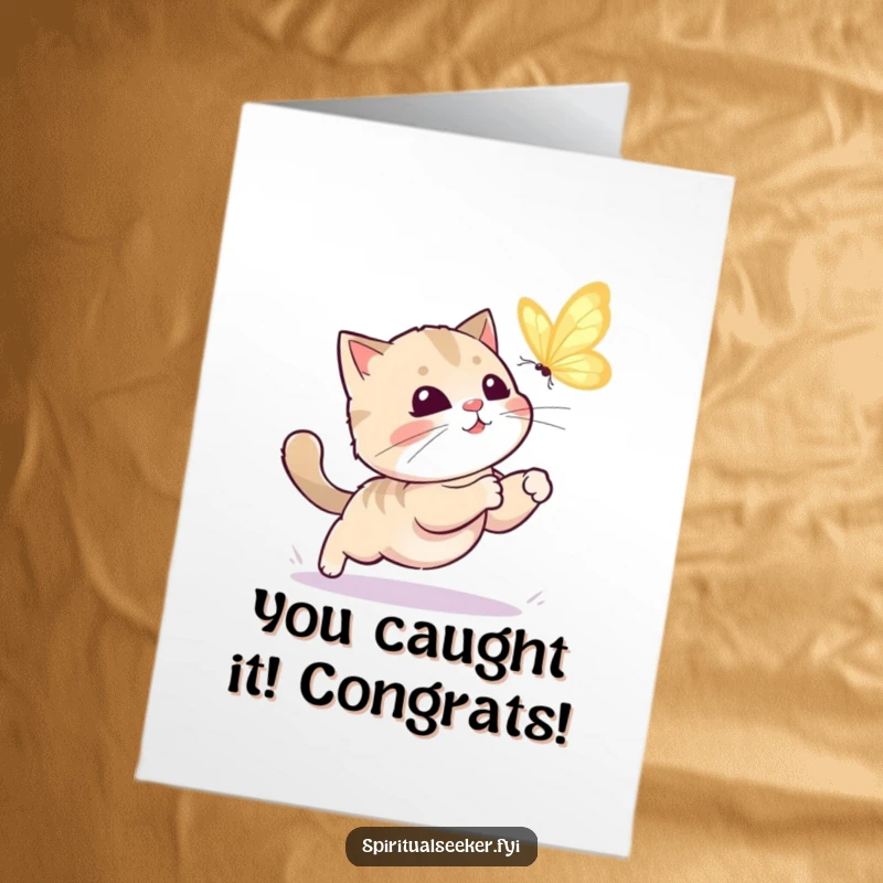 Free Printable Congratulations Card: A kawaii cat gleefully pursues a glowing butterfly, symbolizing exciting new beginnings. Downloadable joy.