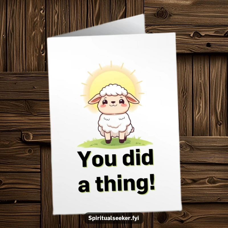 Funny Free Printable Sheep Congratulations Card: Hopeful character watching a glorious dawn, celebrating success.