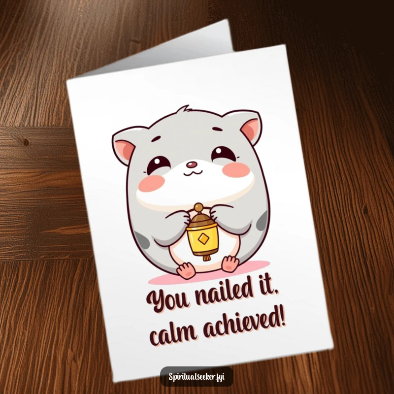 Funny Free Printable Congratulations Card showing a peaceful Kawaii animal perfectly balancing a small chime, representing achievement.