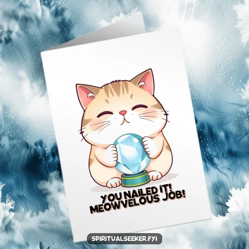 Funny free printable congratulations card showing a plump cat attempting to balance a tiny crystal ball.