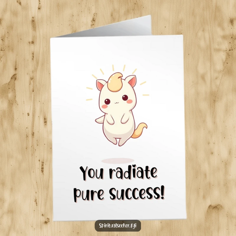 Funny Free Printable Congratulations Card depicting a Kawaii creature expertly balanced on one toe, radiating gentle, celebratory light.