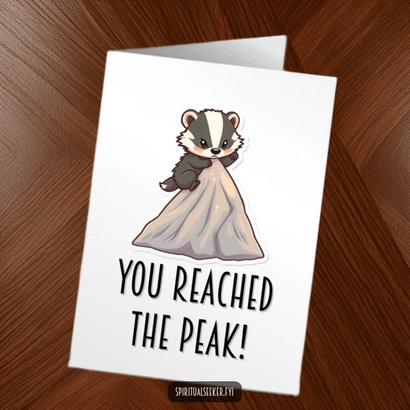 Funny Free Printable Congratulations Card: A determined badger scales a sparkling peak, symbolizing humorous triumph and achievement.