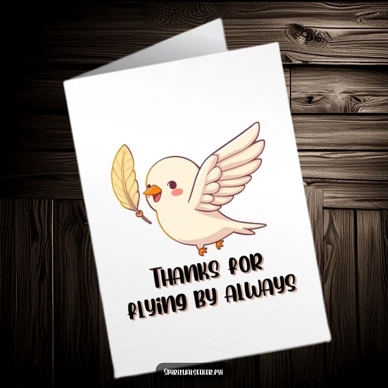 Funny Free Printable Thank You Card: A happy bird soars with a shimmering feather, sweetly conveying thanks and appreciation.