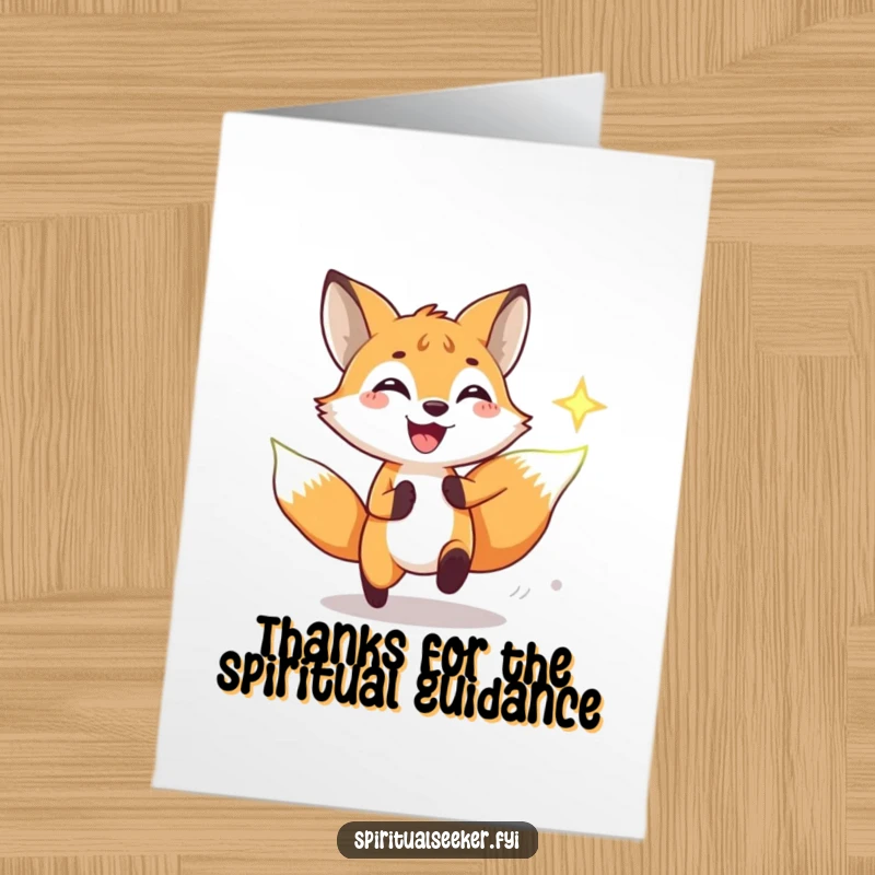 Funny free printable thank you card with a smiling fox chasing a bright spiritual symbol, an ideal downloadable gift.