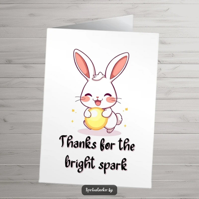 Funny Free Printable Rabbit Thank You Card: A joyful rabbit pursuing a glowing orb, conveying downloadable thanks with enthusiasm.