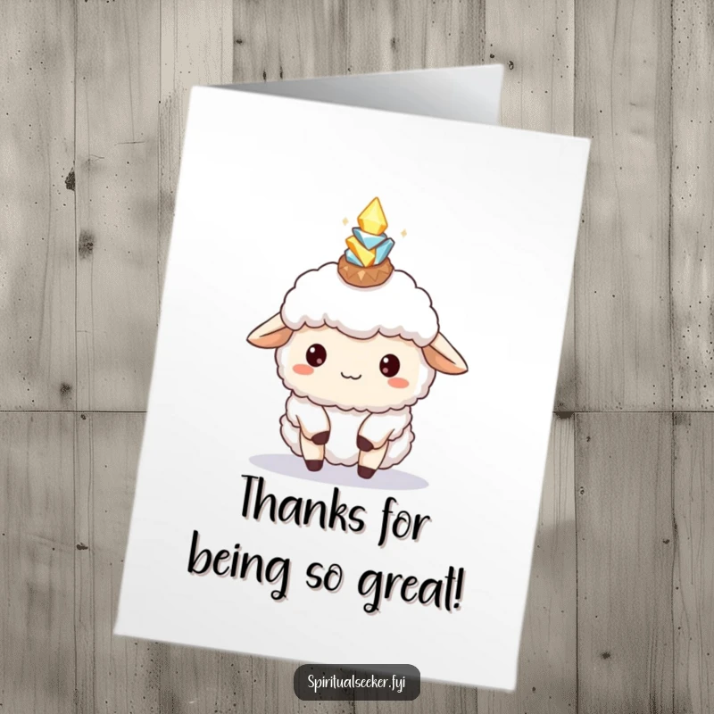 Funny Free Printable Sheep Thank You Card: A fluffy sheep balances bright crystals, offering a humorous and heartfelt way to say thanks.