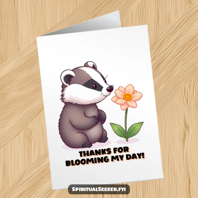 Funny Free Printable Thank You Card with a contemplative badger gazing at a wondrous magic flower, conveying heartfelt thanks.