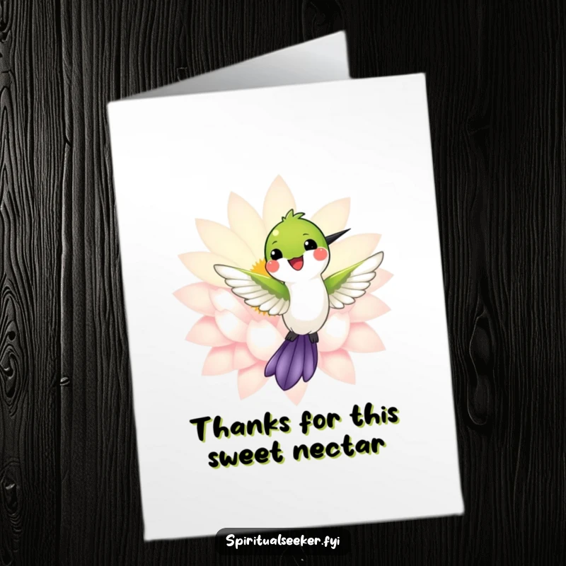 Funny Free Printable Thank You Card featuring a smiling hummingbird near a radiant lotus flower, a beautiful downloadable gift.
