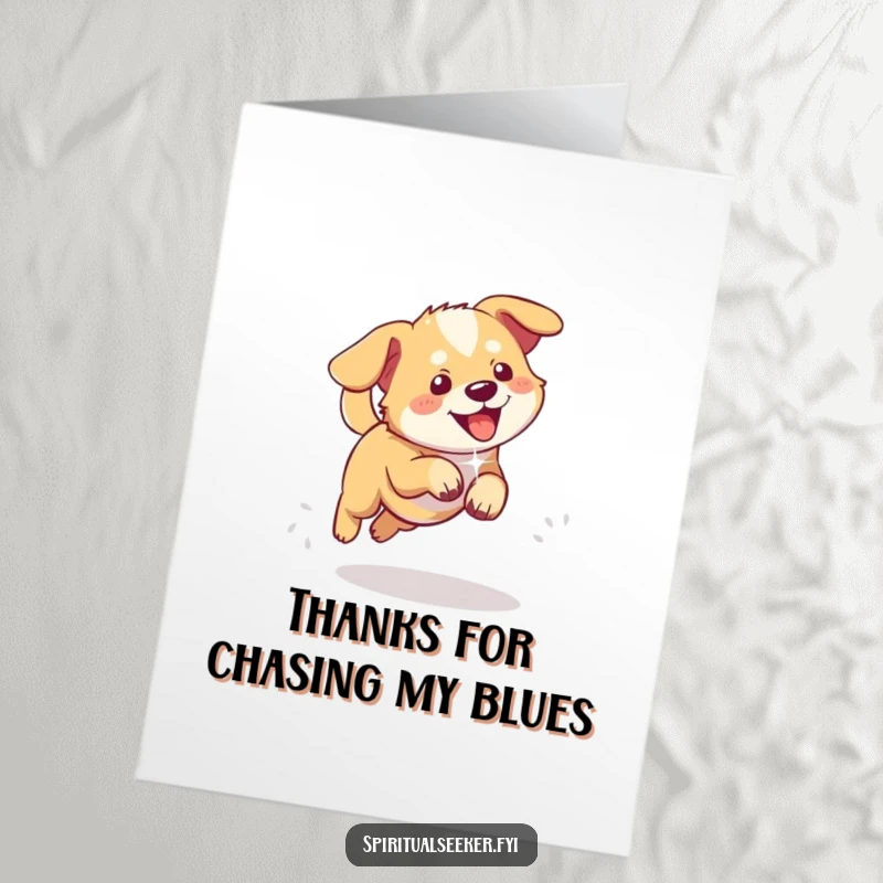 Funny free printable thank you card of a playful dog chasing a radiant, ethereal light, full of happy energy.