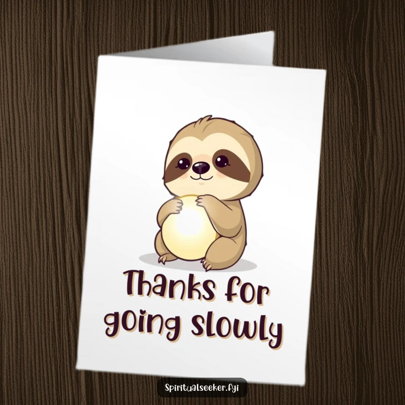 Funny Free Printable Thank You Card with a thoughtful sloth looking at a glowing orb, a unique downloadable gift.
