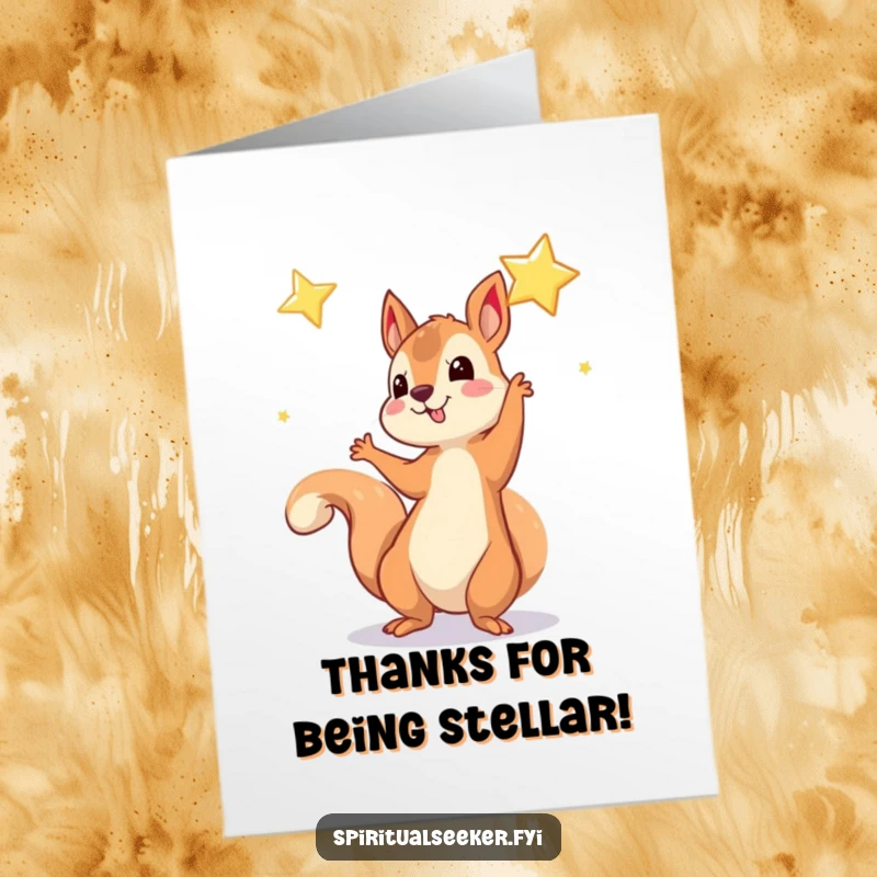 Funny free printable thank you card with a playful squirrel reaching for a twinkling star. A stellar way to say thanks.