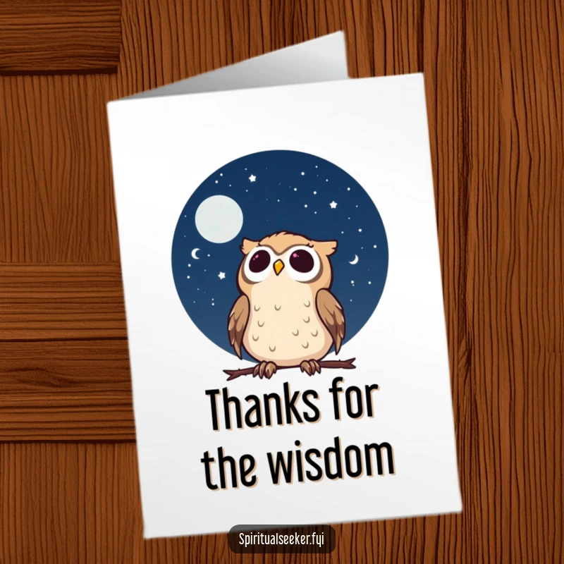Funny Free Printable Thank You Card: A calm owl gazes at a starry night sky with wonder, conveying humorous gratitude.