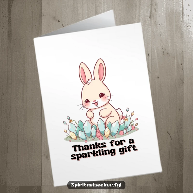 Funny free printable thank you card with a happy rabbit tending a magical garden of miniature, radiant crystals.
