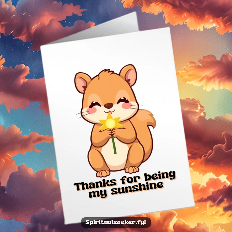 Funny Free Printable Thank You Card: A cute squirrel holds a soft, golden ray, offering warm thanks and a bright smile.