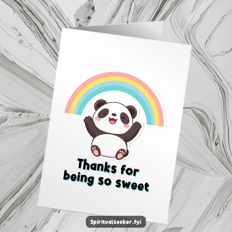 Funny Free Printable Thank You Card: Hopeful panda looks at a bright rainbow, conveying sincere thanks with a smile.