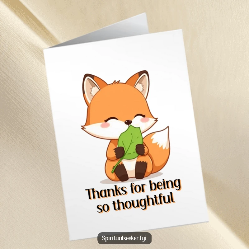 Funny Free Printable Thank You Card: A thoughtful fox holds a peaceful leaf, offering thanks with gentle demeanor. Downloadable art.