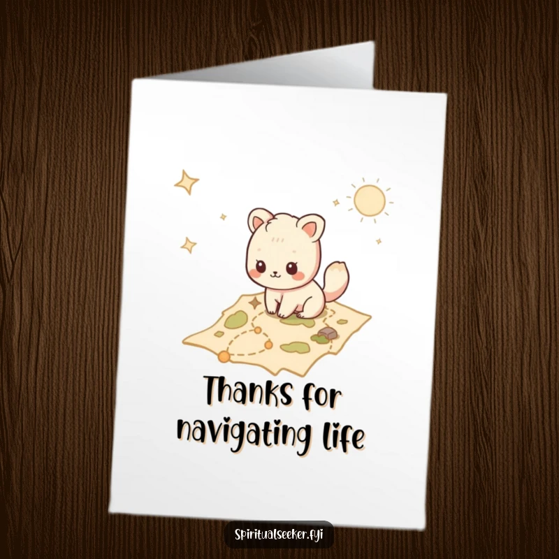Funny Free Printable Thank You Card of a Kawaii animal carefully tracing a route on a mystical map, expressing gratitude.